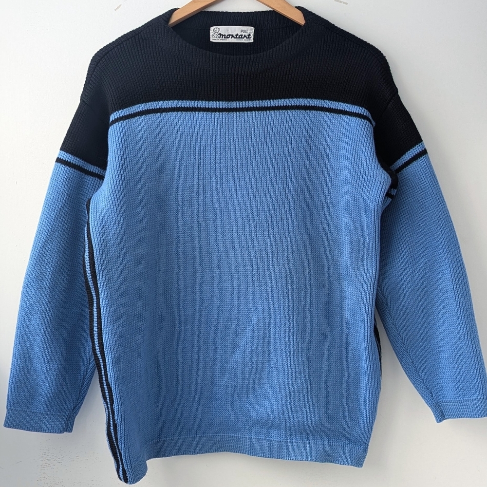 Vintage 70s Wool Ski Black and Blue Knit Sweater - Picture 4 of 12
